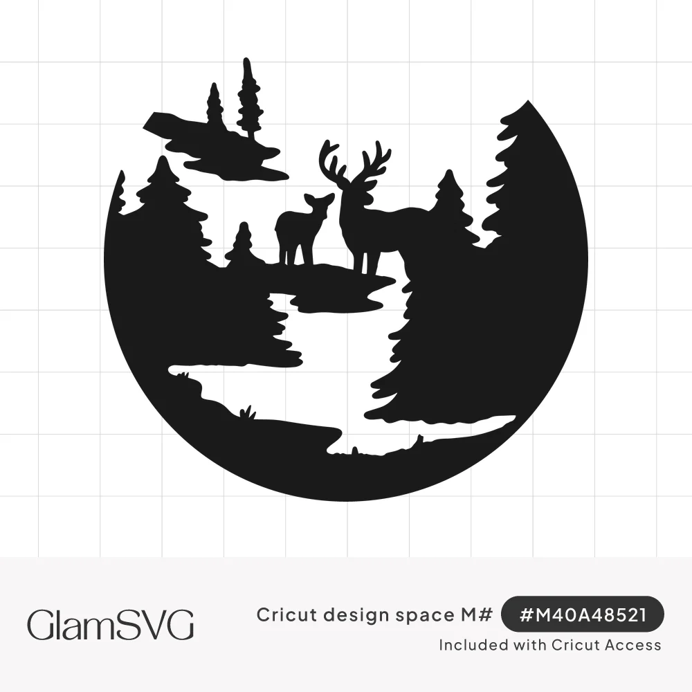 Black circular silhouette of a buck and doe on a ledge above a winding river surrounded by pine trees
