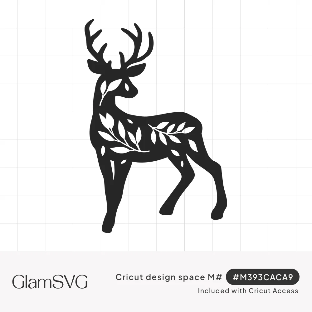 Black silhouette of a standing deer with antlers, its body decorated with white leafy branch cutouts
