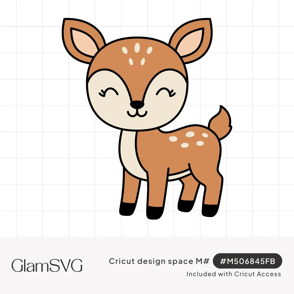 Cartoon baby deer fawn with closed smiling eyes, pink ears, cream spots and bold black outlines