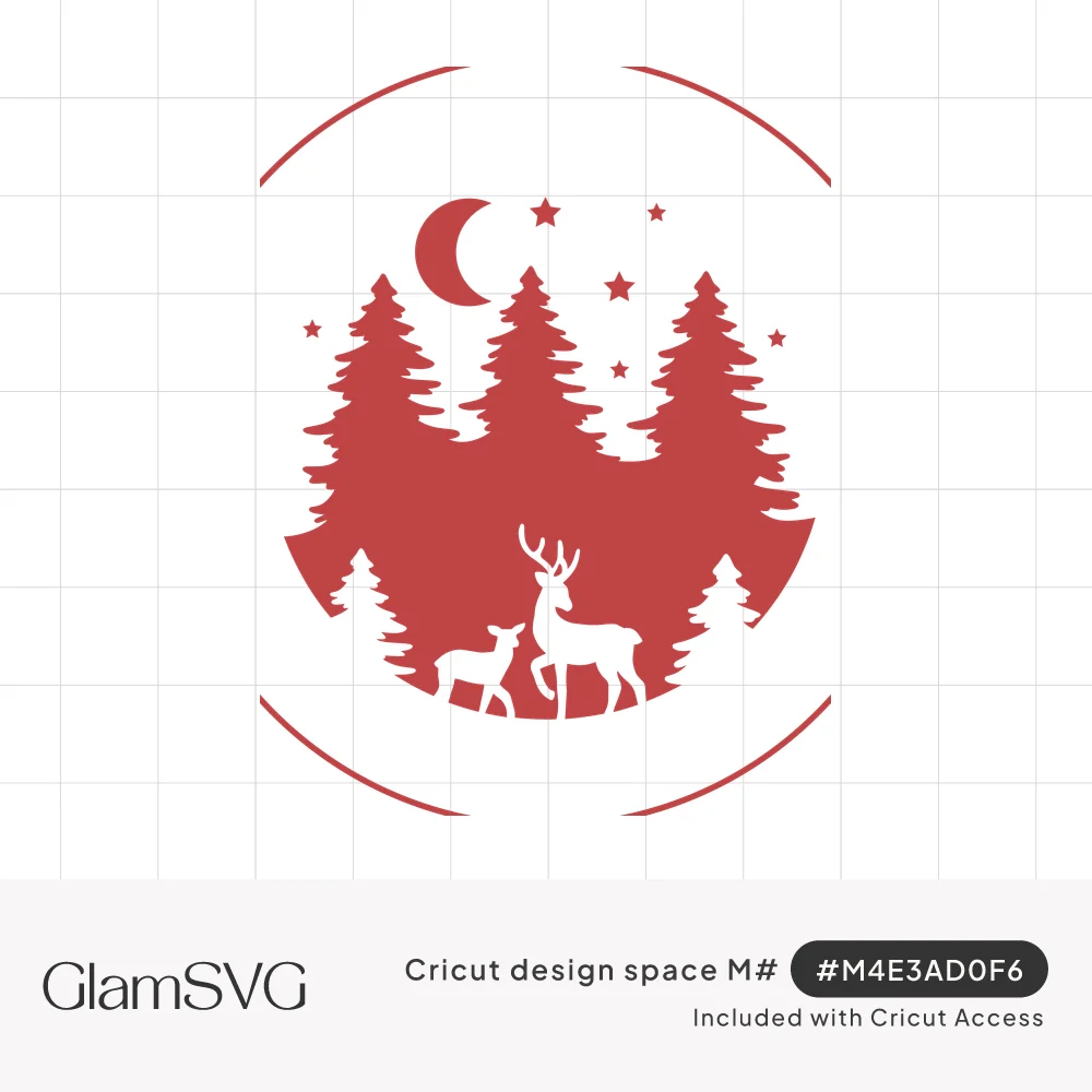 Red circular silhouette of pine trees with a white stag and fawn below a crescent moon and stars