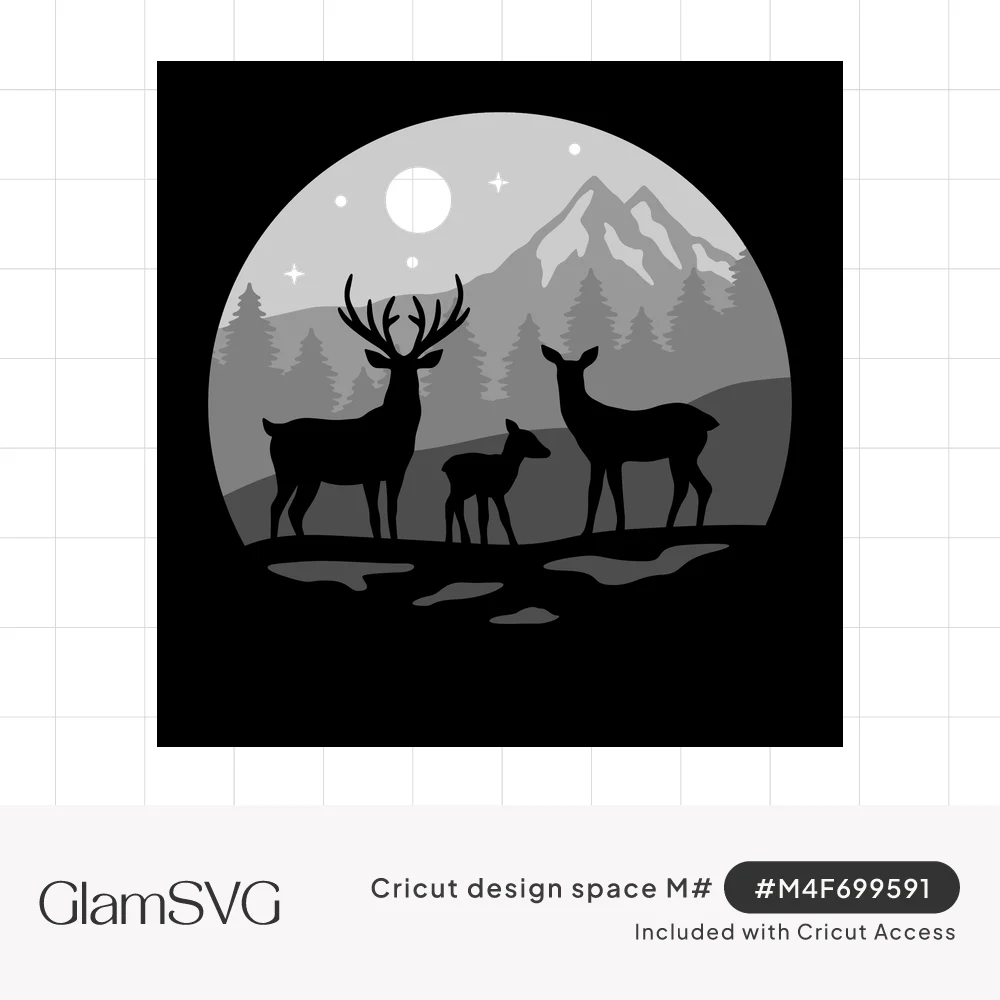 Silhouette of a buck, doe and fawn in a circular moonlit scene with pine trees and a snowy mountain in blue tones