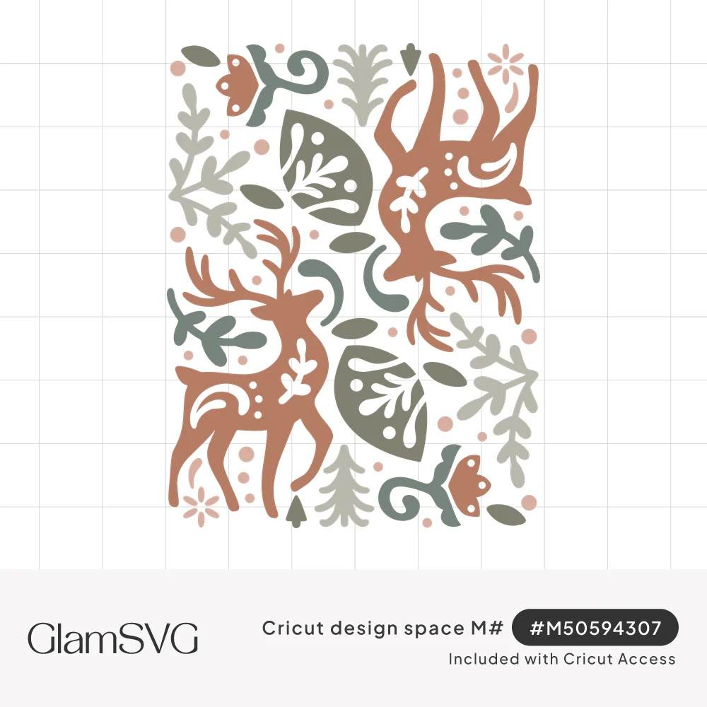 Scandinavian folk art panel with two terracotta deer, sage leaves, fir trees, flowers and pink dots
