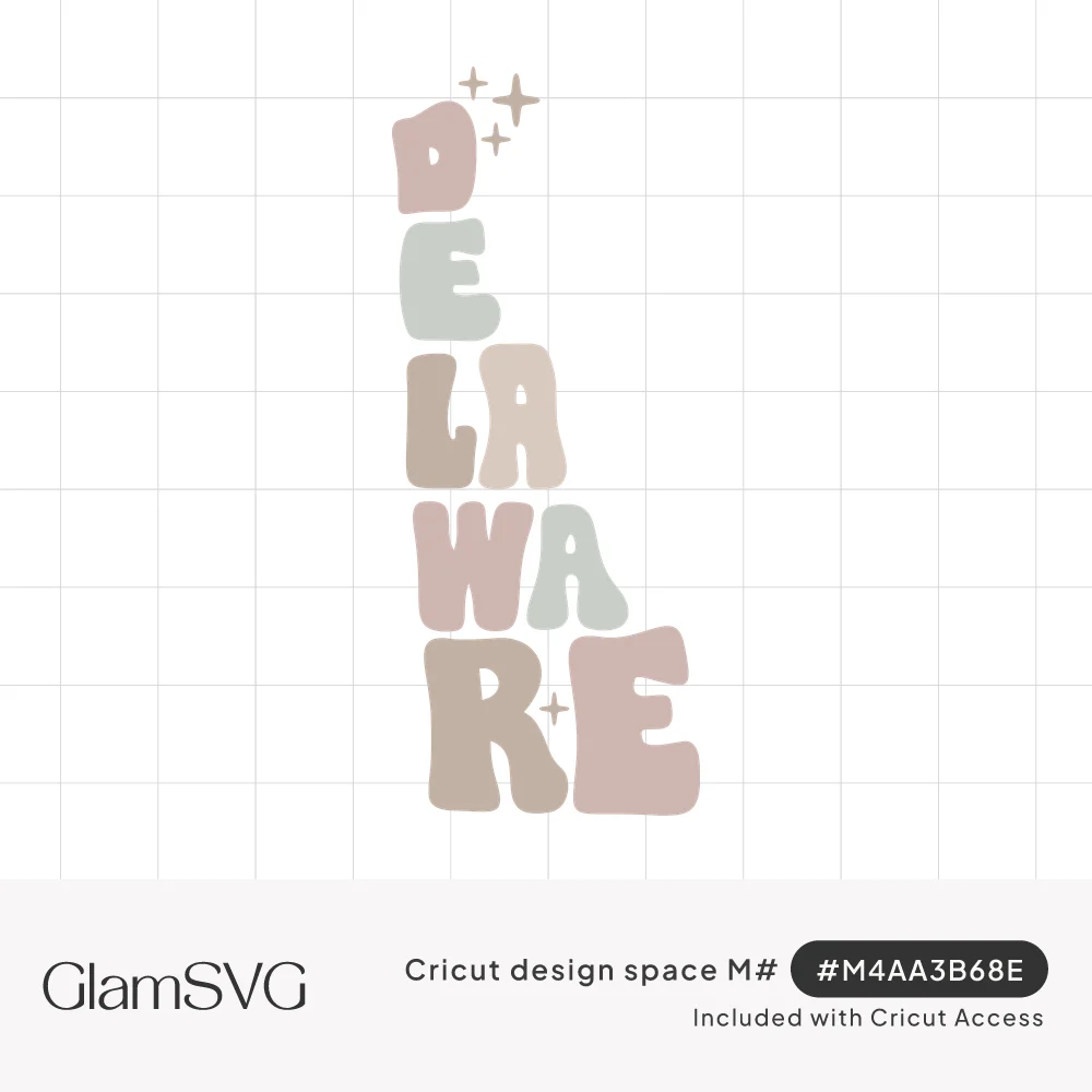 Pastel pink, sage, and beige bubble letters spelling Delaware stacked into the state's shape with small sparkles