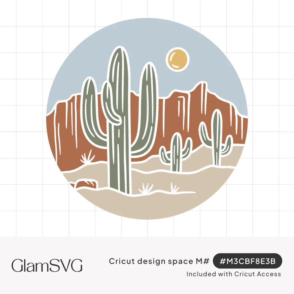 Circular desert landscape with green saguaro cacti, red rock cliffs, sandy ground and a yellow sun in a blue sky