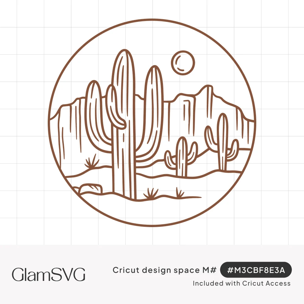 Line art circle of saguaro cacti, mesa cliffs, desert grass and a full moon in brown outline