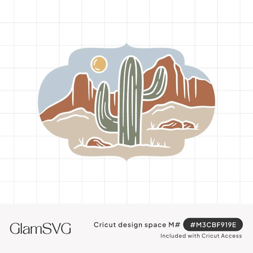 Saguaro cactus in front of red desert mesas with a golden sun and blue sky inside a scalloped frame
