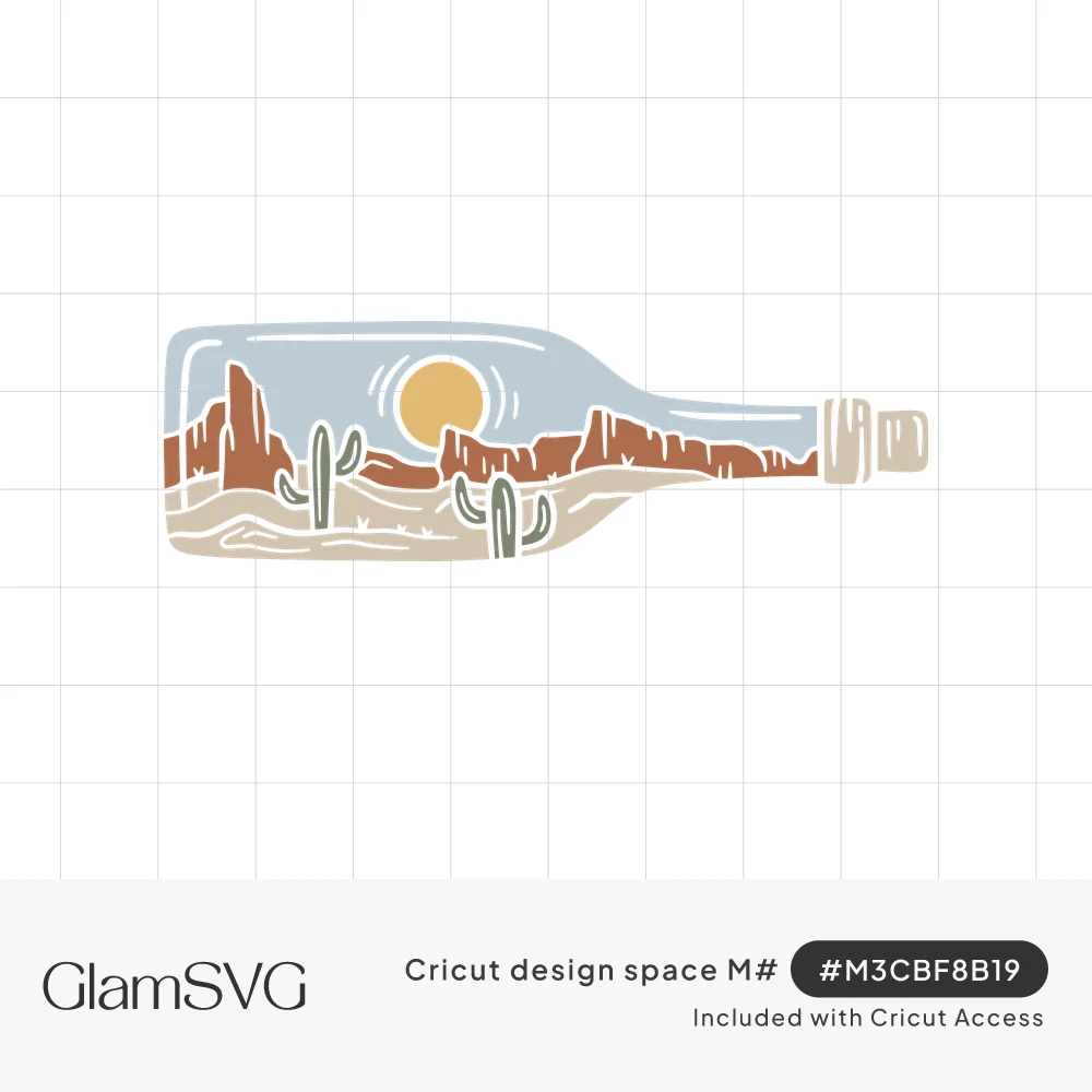 Sideways glass bottle containing a desert scene with red rock mesas, saguaro cacti, sand and a yellow sun in a blue sky