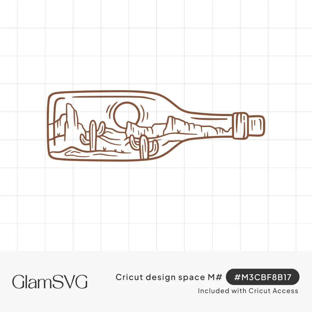Line drawing of a corked bottle on its side containing a desert scene with saguaro cacti, mesas and a sun