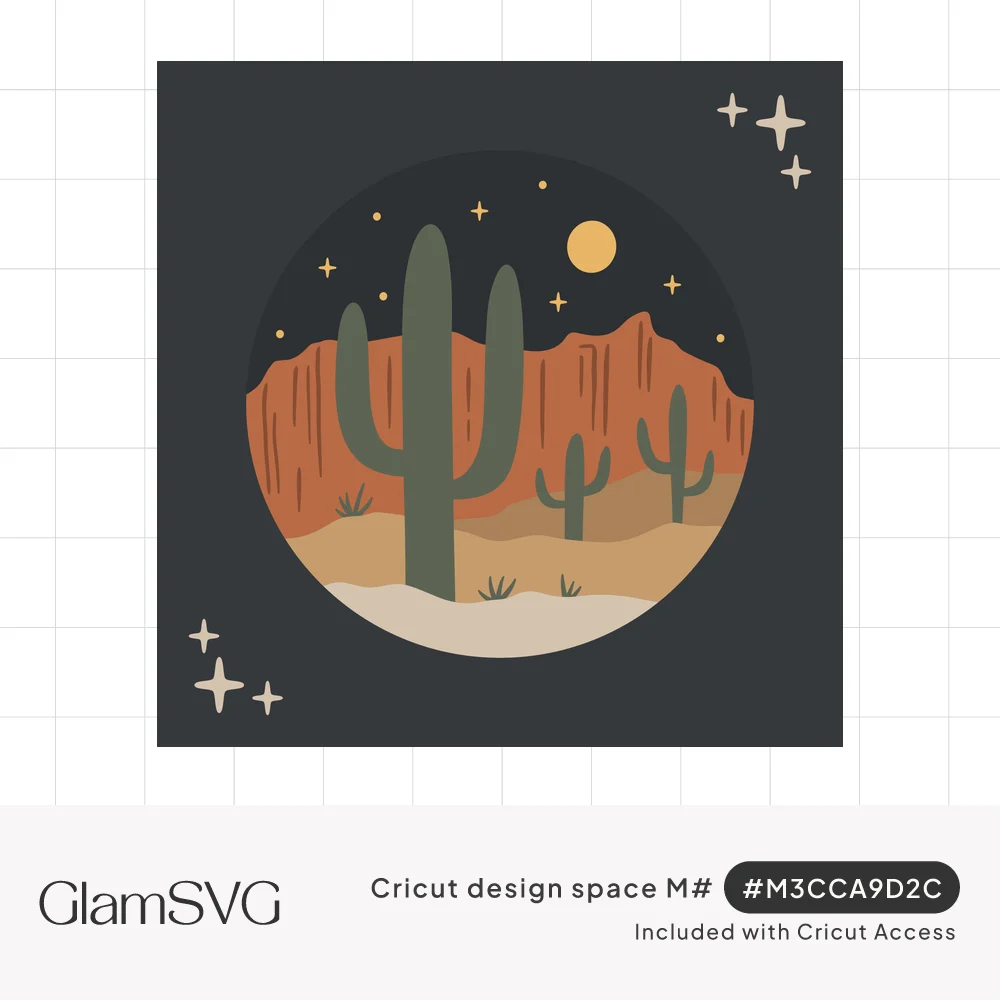 Circular desert night scene with a saguaro cactus, smaller cacti, red rock cliffs, sand dunes, a full moon and stars