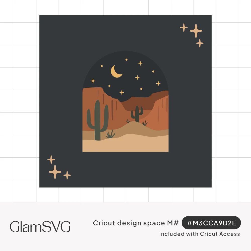 Arched desert scene with saguaro cacti, layered red canyon cliffs, crescent moon and stars on a dark charcoal background