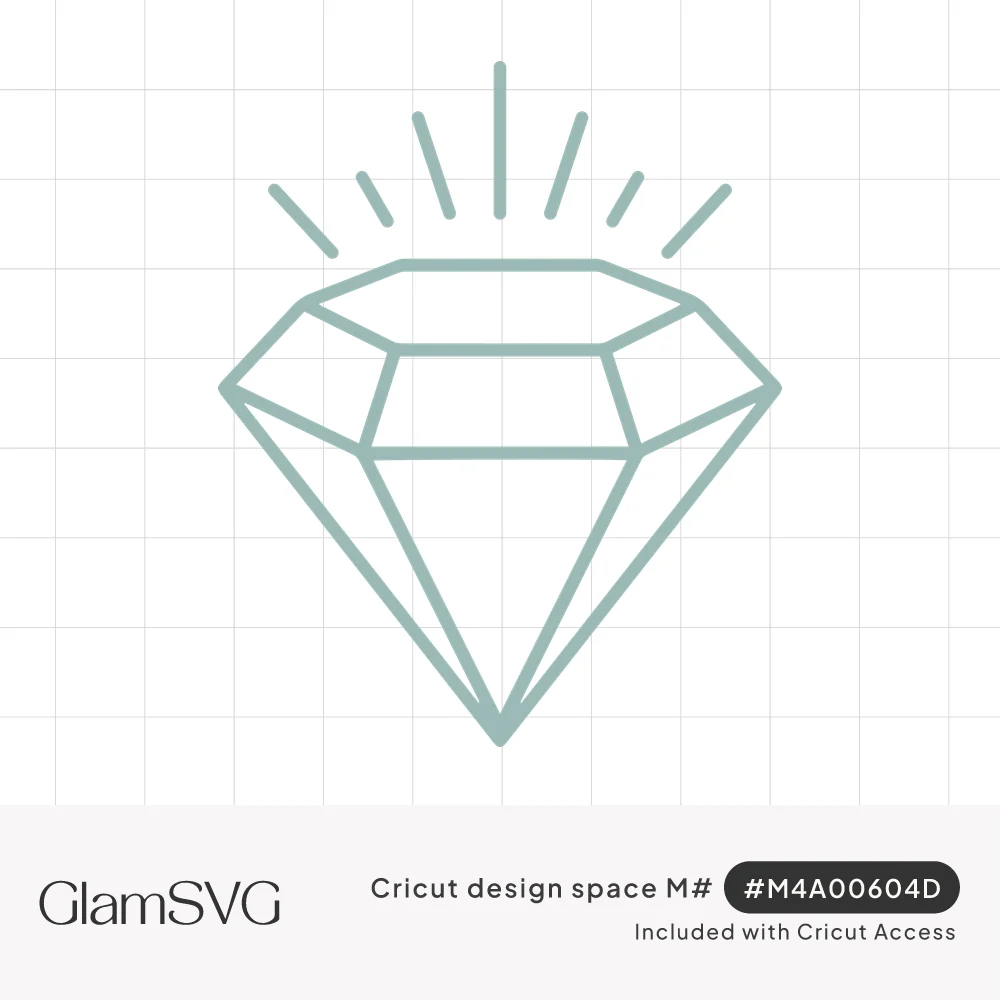 Outline drawing of a faceted diamond with short shine lines radiating above it, in soft sage green