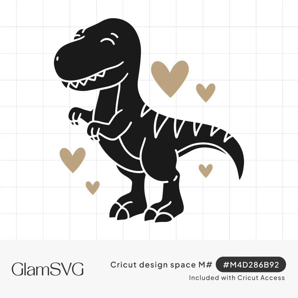 Black silhouette of a smiling T-rex dinosaur with closed eyes, surrounded by small gold hearts