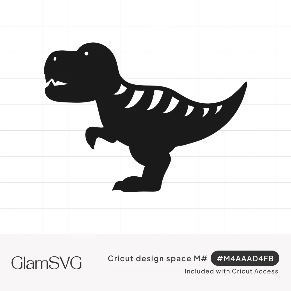 Black silhouette of a T-rex dinosaur walking with open toothy mouth and white stripe cutouts along its back and tail