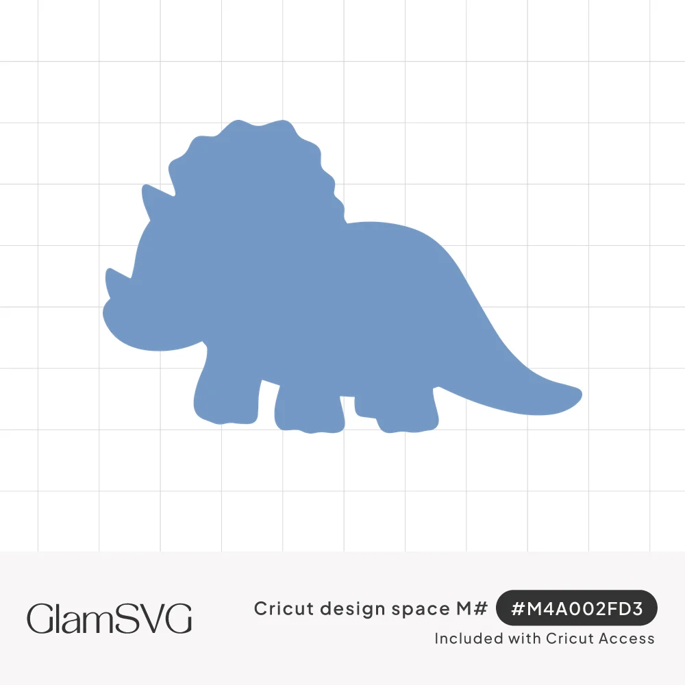 Solid blue silhouette of a cute chubby triceratops dinosaur with a scalloped frill, small horns and a long tail