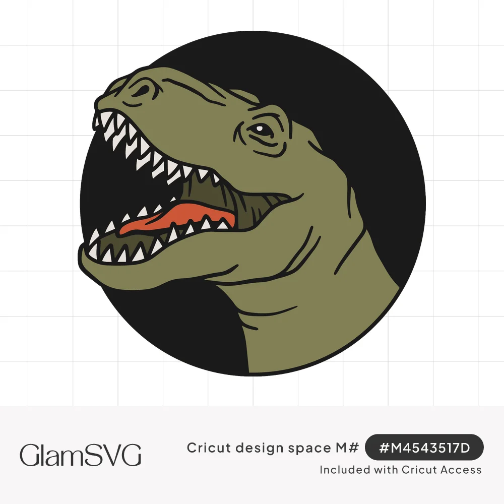 Olive green T-rex head roaring with open jaws, white teeth and a coral tongue inside a black circle