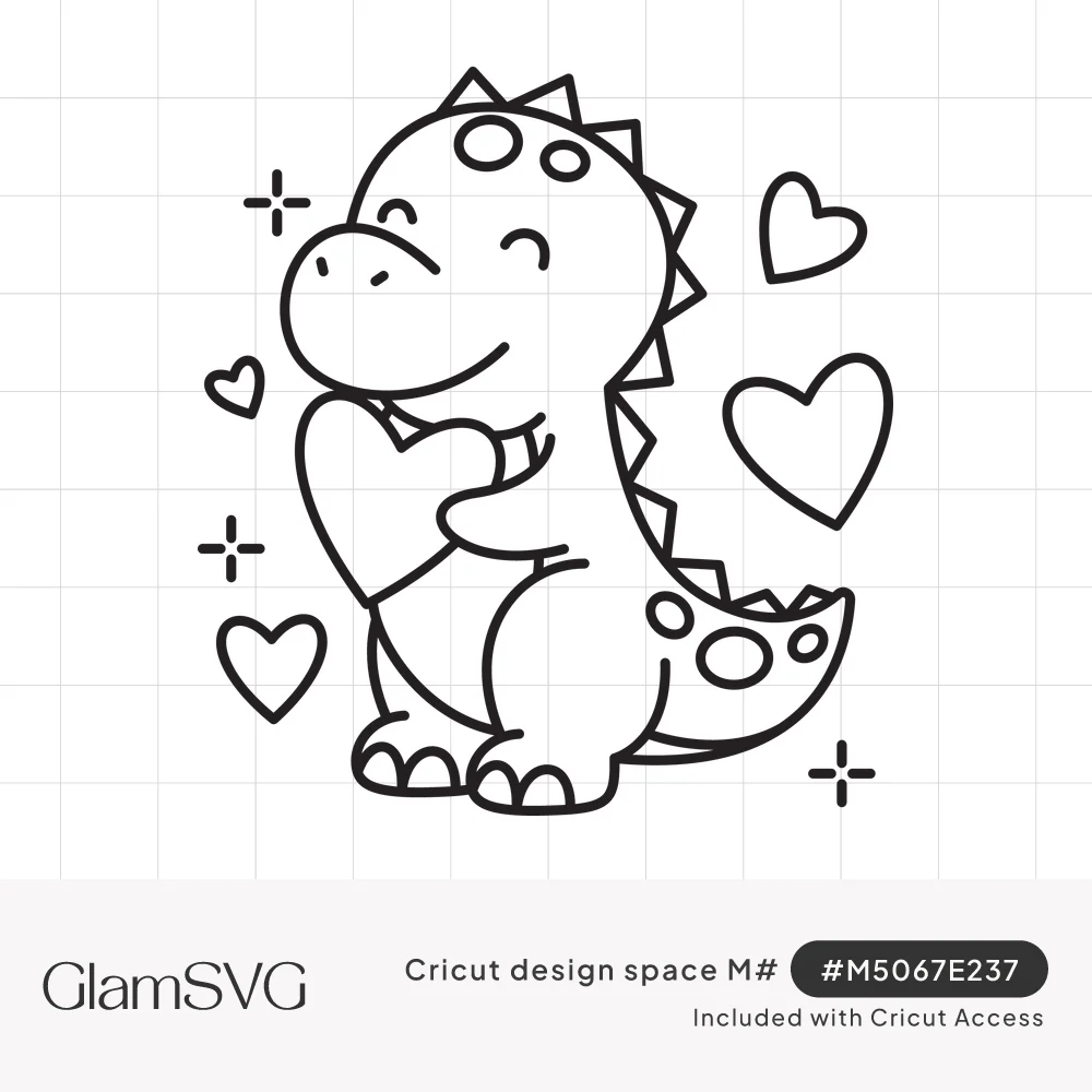 Outline drawing of a cute smiling dinosaur hugging a large heart, with small hearts and sparkles around it