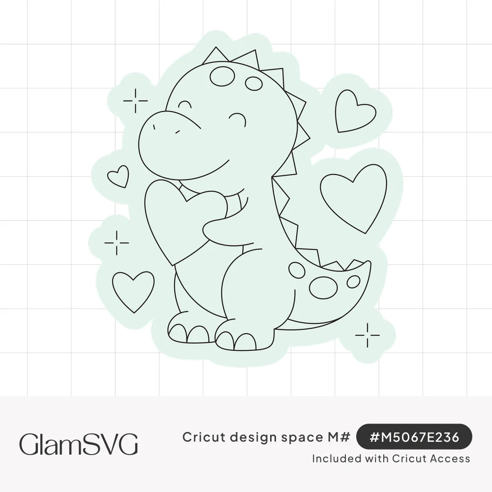 Cute line-art baby dinosaur hugging a heart, surrounded by small hearts and sparkles on a mint green sticker outline