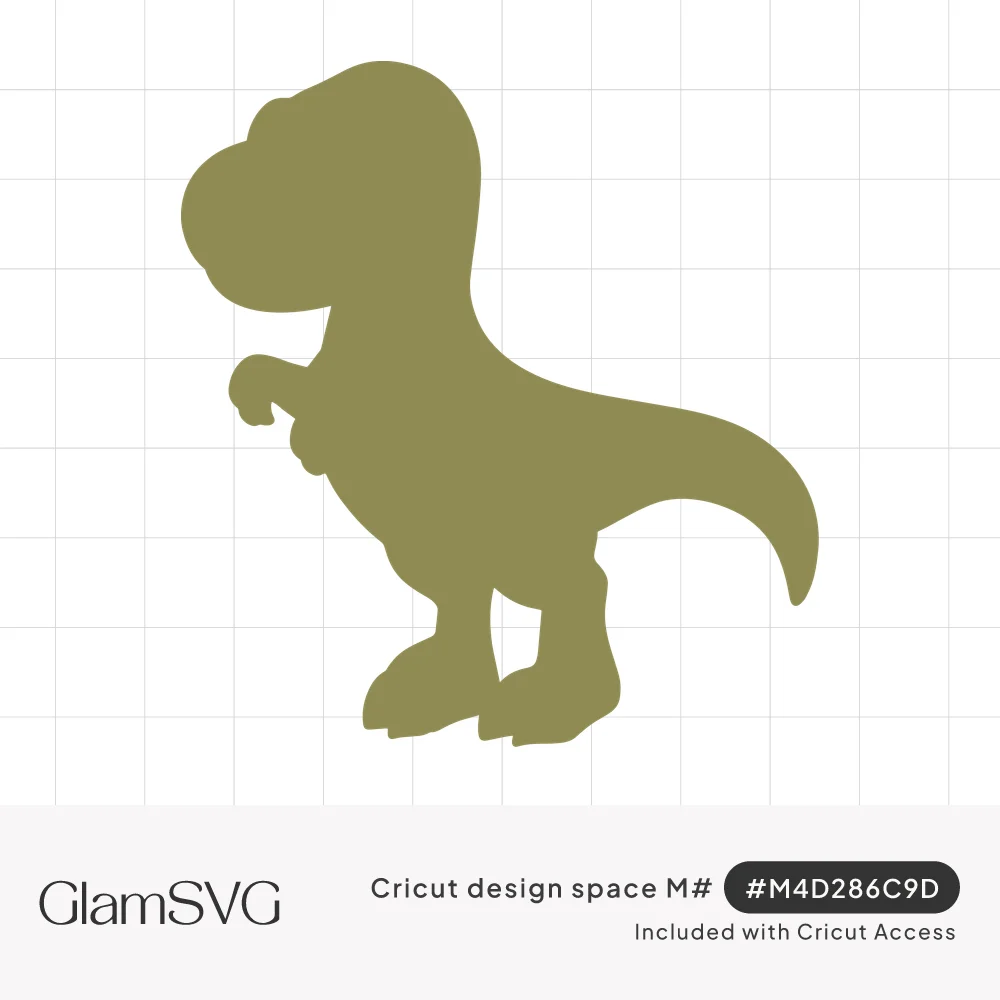 Olive green silhouette of a cute cartoon T-rex dinosaur with a big head, tiny arms and a long curved tail