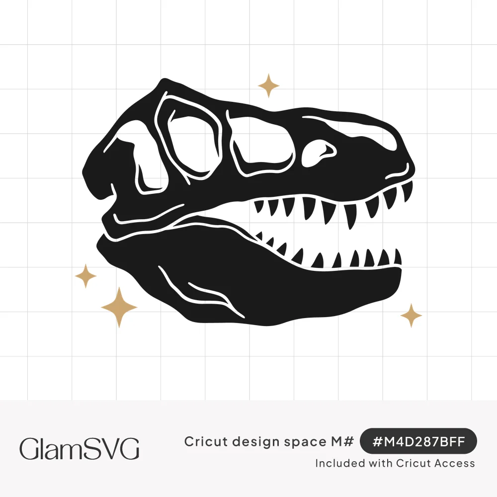 Black silhouette of a T-rex skull with sharp teeth and white line details, surrounded by small gold four-point sparkles