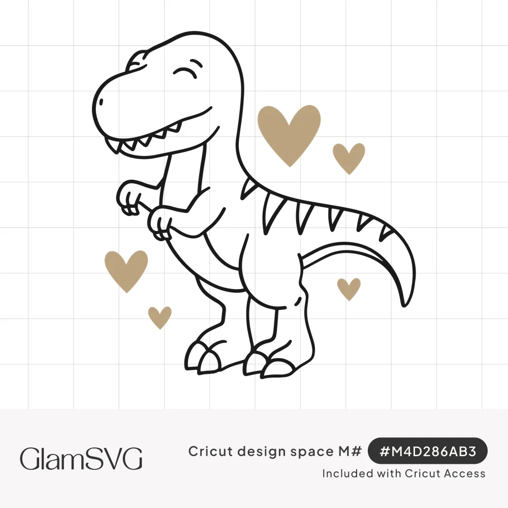 Outlined cartoon T-rex smiling with eyes closed, surrounded by small gold hearts