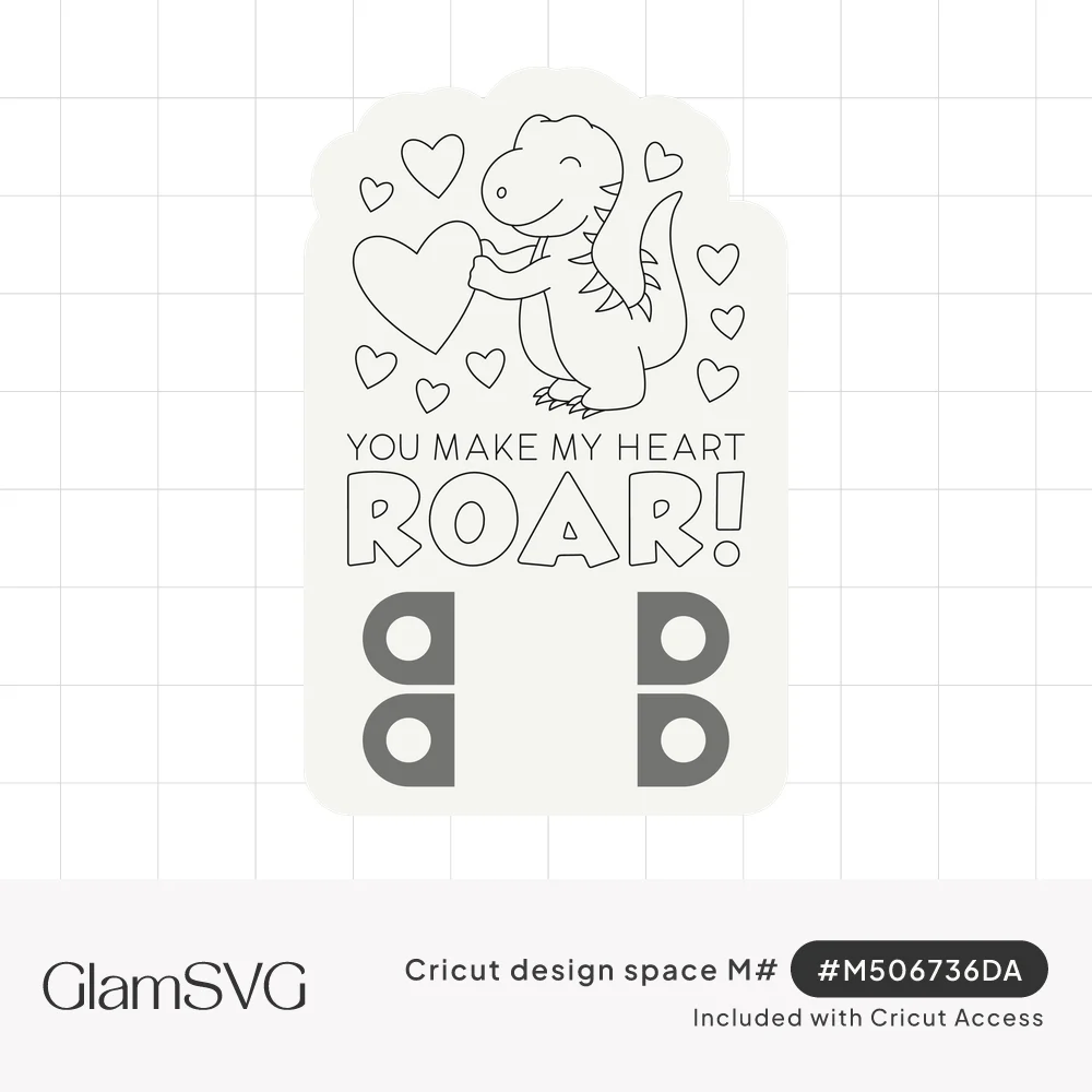 Coloring card with a cute T. rex hugging a heart, small hearts, the words You Make My Heart Roar, and crayon slots below