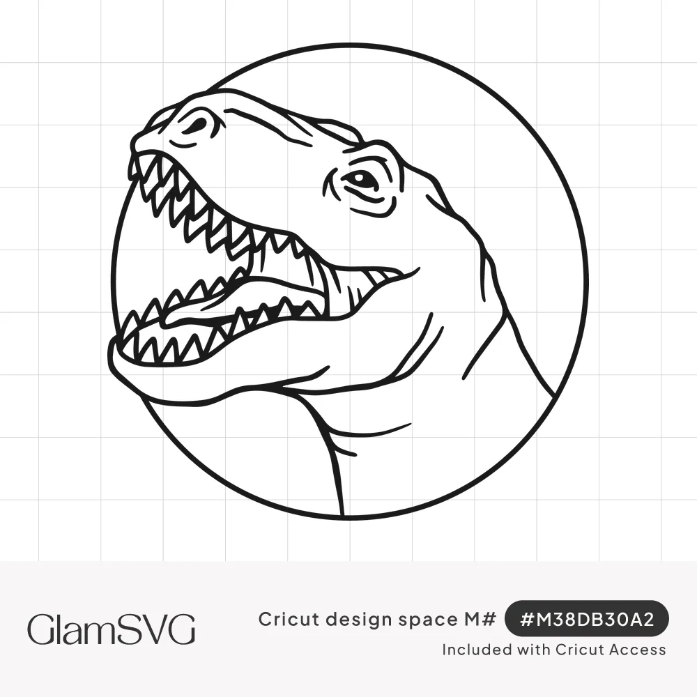 Black line drawing of a roaring T. rex head with sharp teeth, breaking out of a circle frame