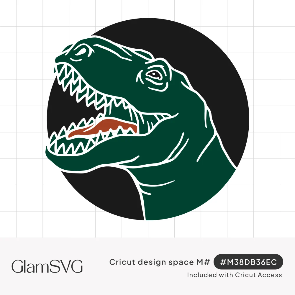 Green T-rex head with open jaws, white teeth and red tongue, outlined in white inside a black circle