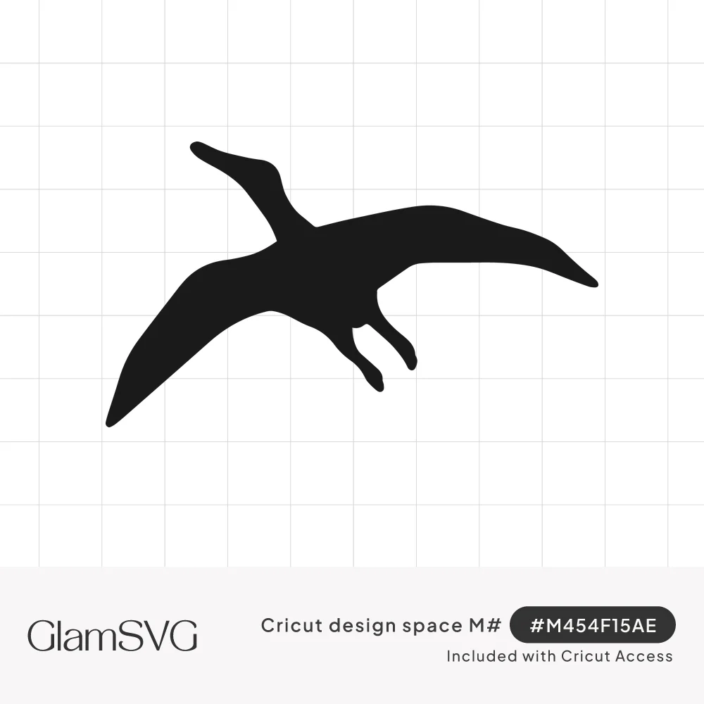 Black silhouette of a pterodactyl flying with wide outstretched wings, long beak and legs hanging below