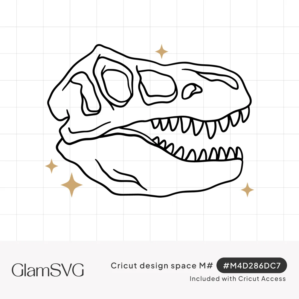 Black line drawing of a T-rex dinosaur skull with open jaws and sharp teeth, surrounded by small gold sparkles