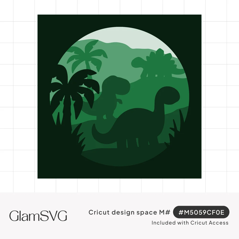 Layered circular shadow box of dinosaur silhouettes among palm trees and hills in shades of green