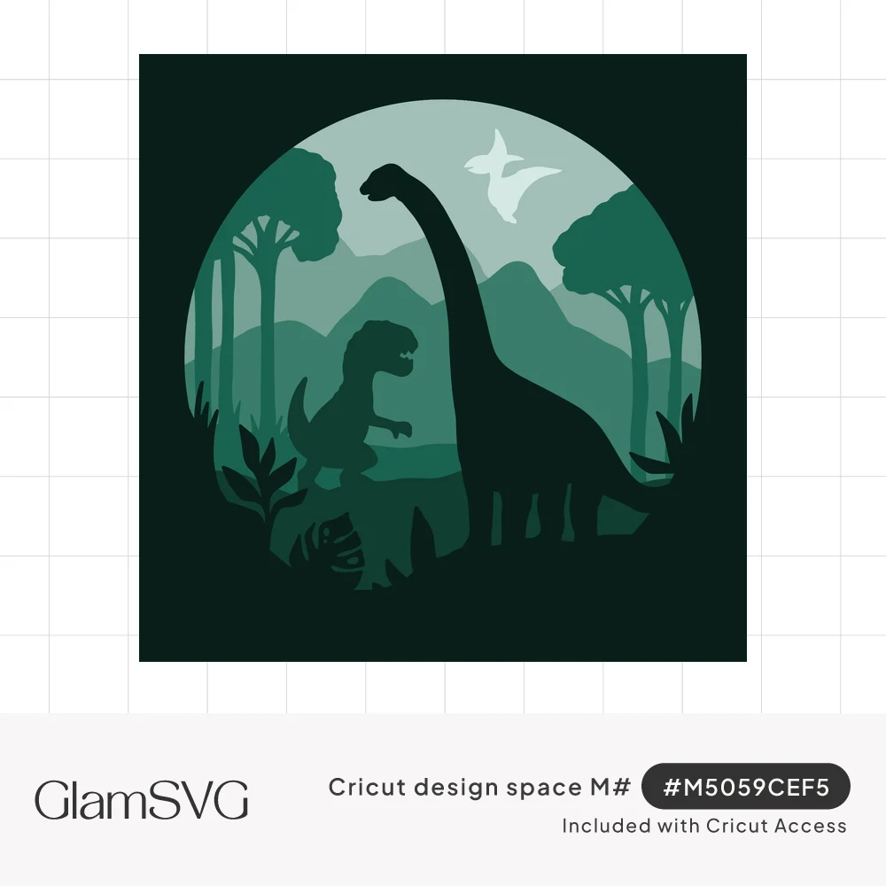 Layered green circular scene of a long-necked dinosaur, T. rex and pterodactyl among jungle trees, ferns and mountains