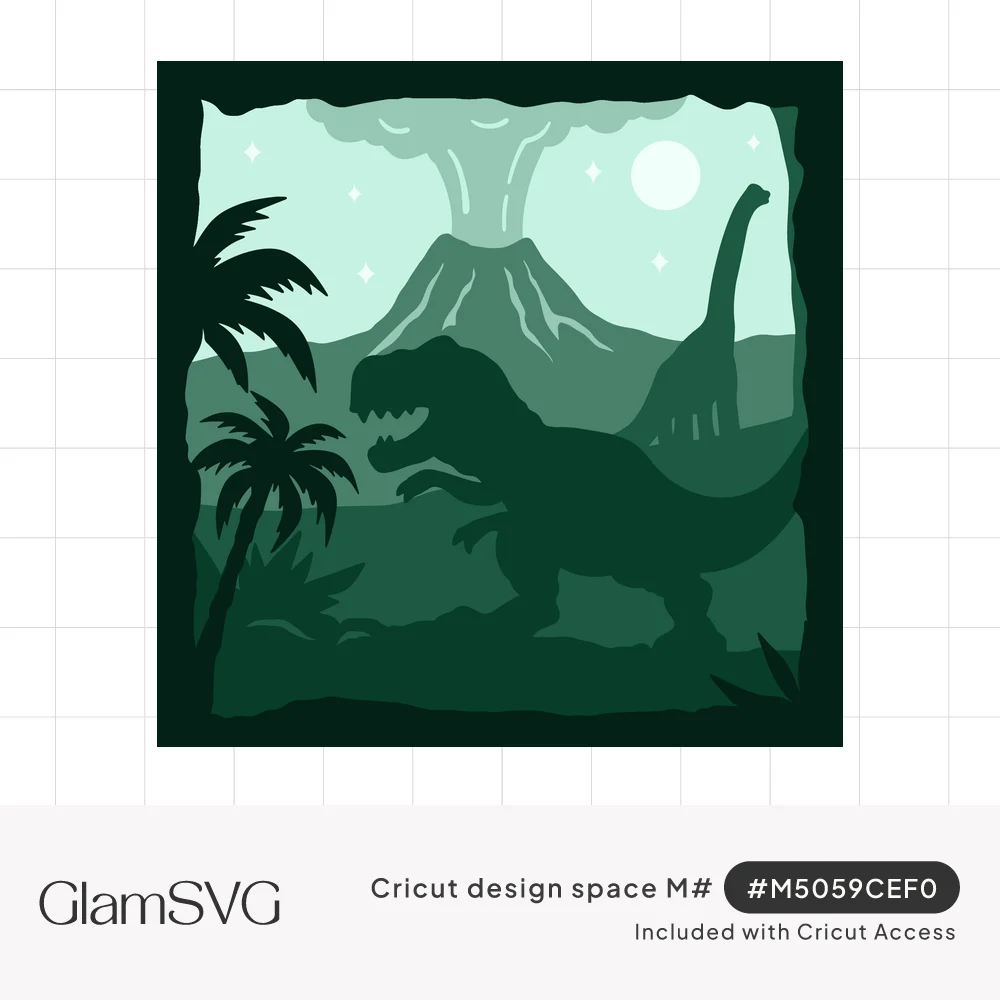 Green layered shadow box scene of a T. rex, brachiosaurus, palm trees and erupting volcano under a moon and stars
