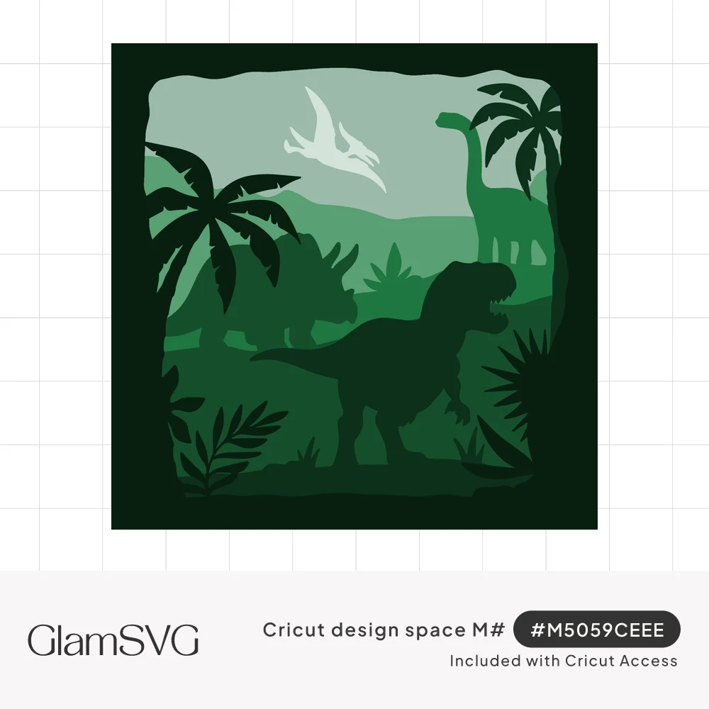 Layered green shadow box scene of a T. rex, triceratops, brachiosaurus and pterodactyl among jungle palm trees