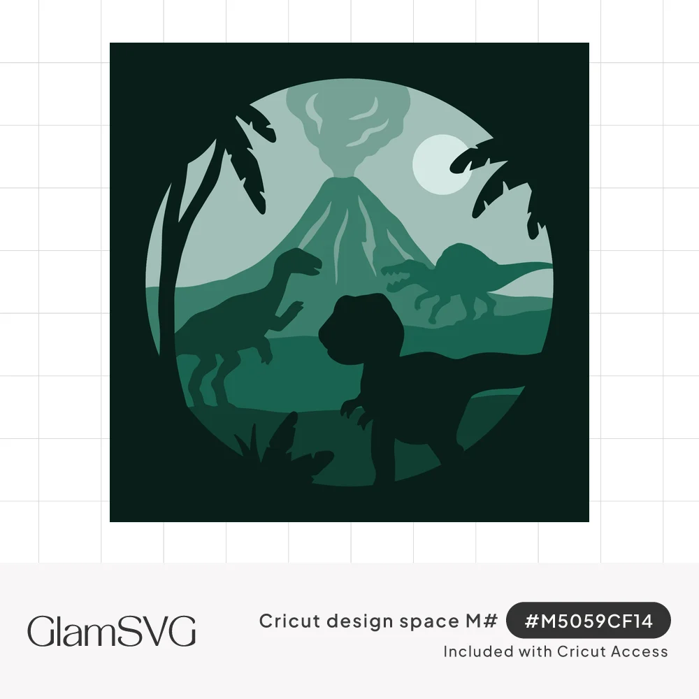 Layered green paper shadow box of dinosaur silhouettes, a smoking volcano, moon and palm leaves in a circular window