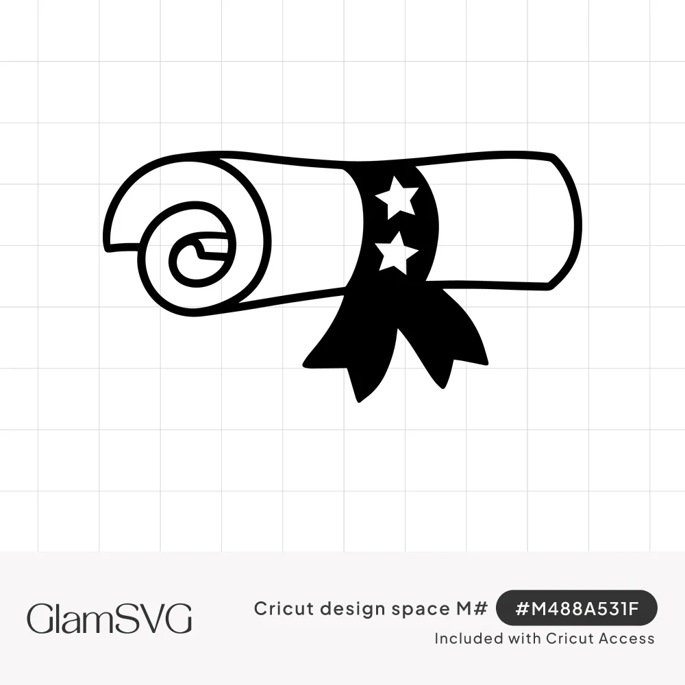 Black and white rolled diploma scroll with a curled end, tied with a ribbon featuring two stars and forked tails