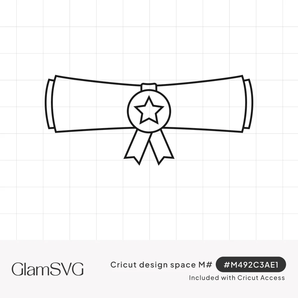 Outline drawing of a rolled diploma scroll with a round star seal and two ribbon tails in the center