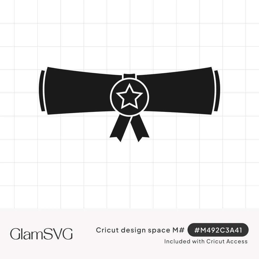 Black silhouette of a rolled diploma scroll with a round star seal and two ribbon tails in the center