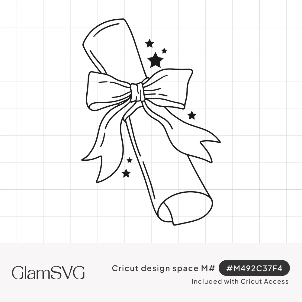 Line drawing of a rolled diploma scroll tied with a large ribbon bow, surrounded by small black stars