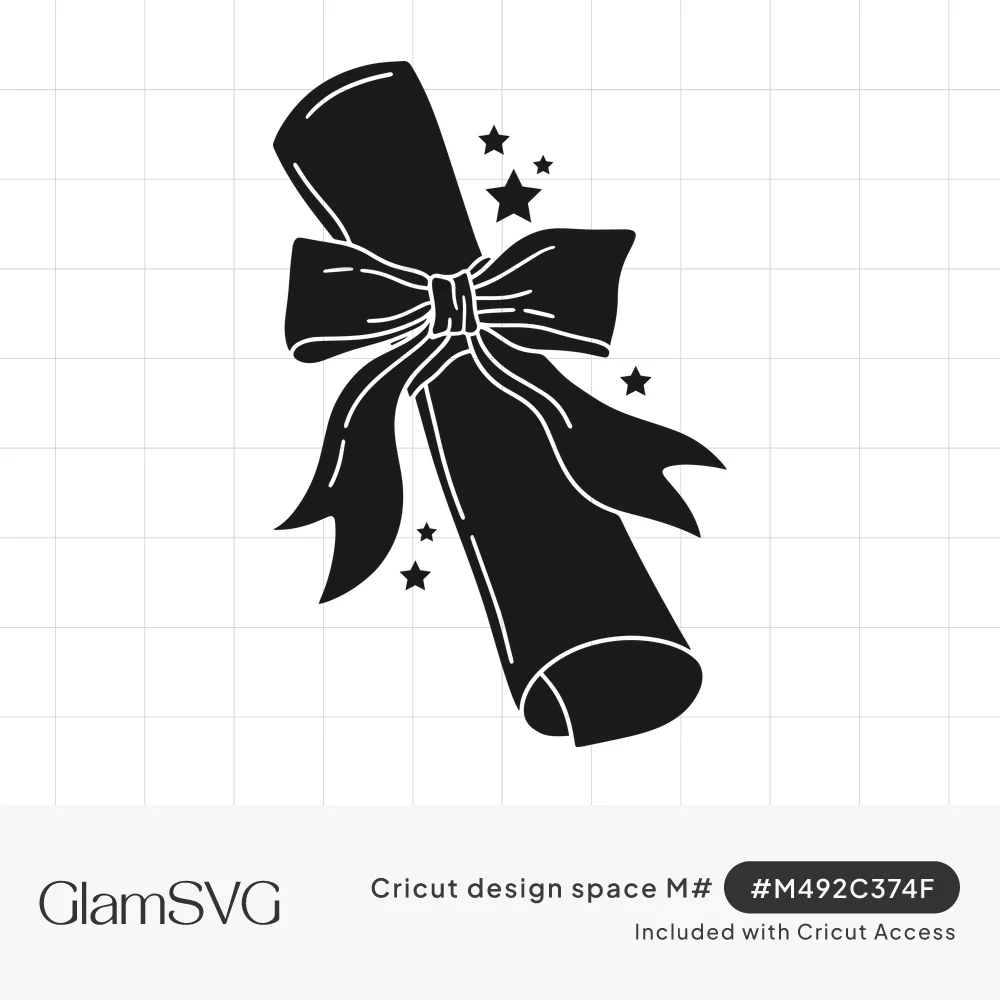Black silhouette of a rolled diploma scroll tied with a ribbon bow, surrounded by small stars, with white line details
