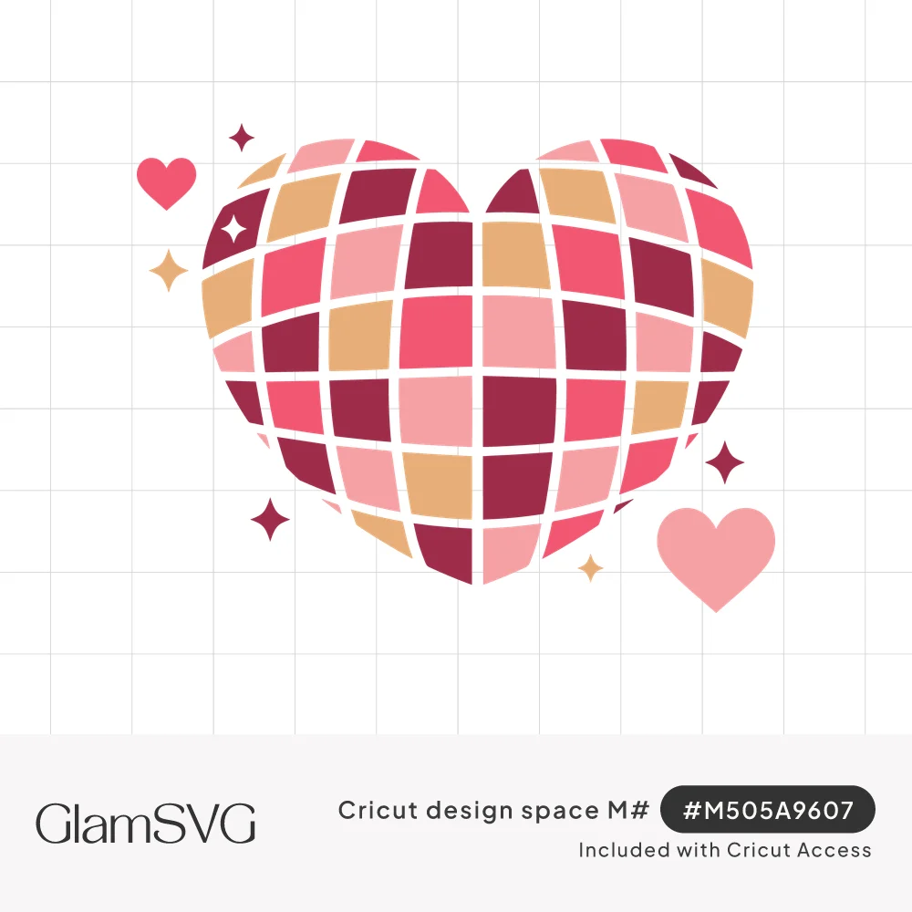 Heart-shaped disco ball made of pink, berry and peach tiles surrounded by small sparkles and pink hearts