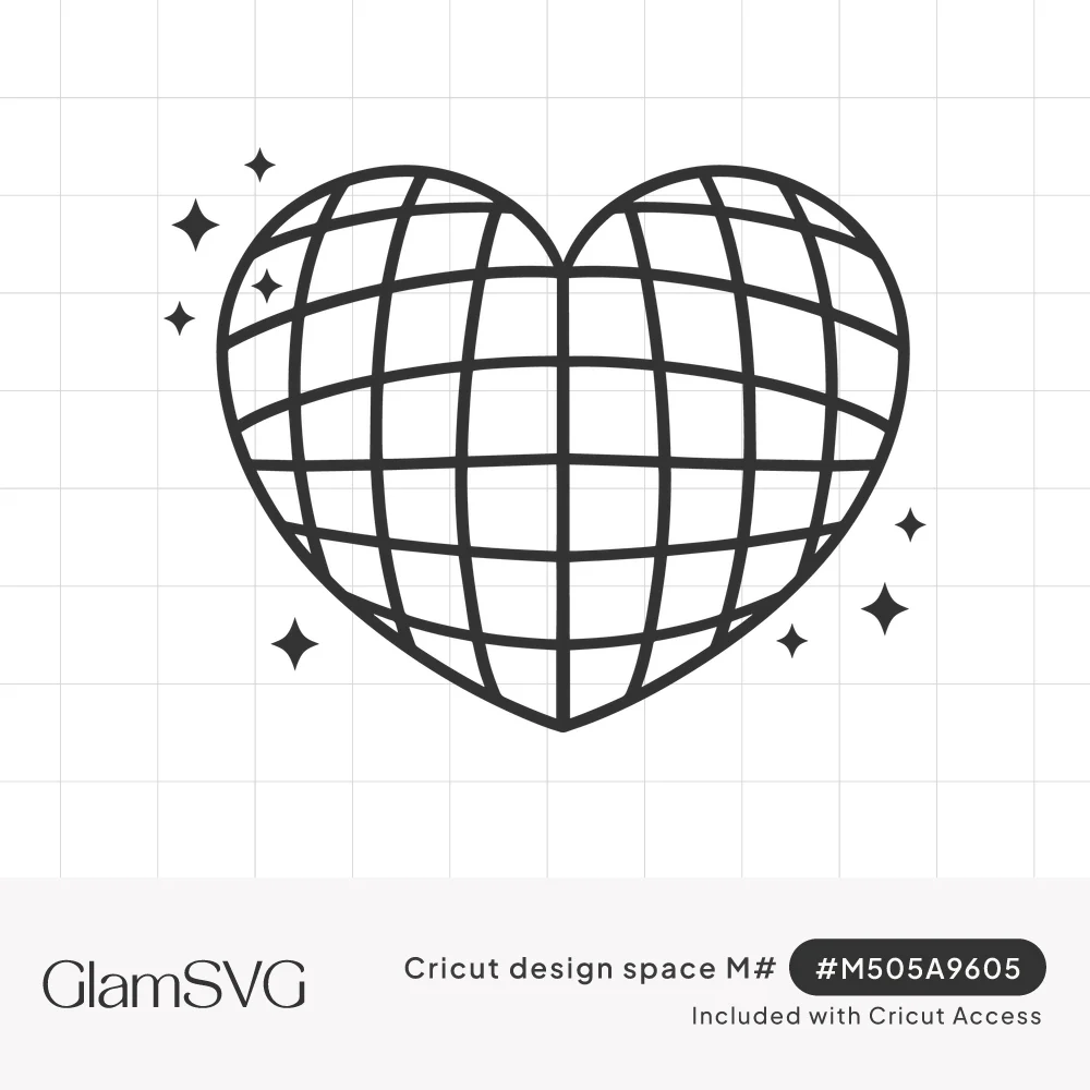 Black outline drawing of a heart-shaped disco ball with a curved tile grid, surrounded by small sparkle stars