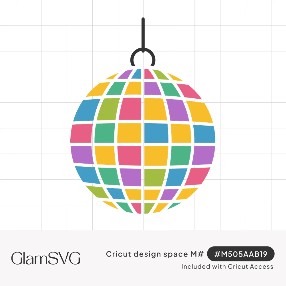 Hanging disco ball made of a curved grid of pink, yellow, teal, green and purple tiles on a thin cord with a ring