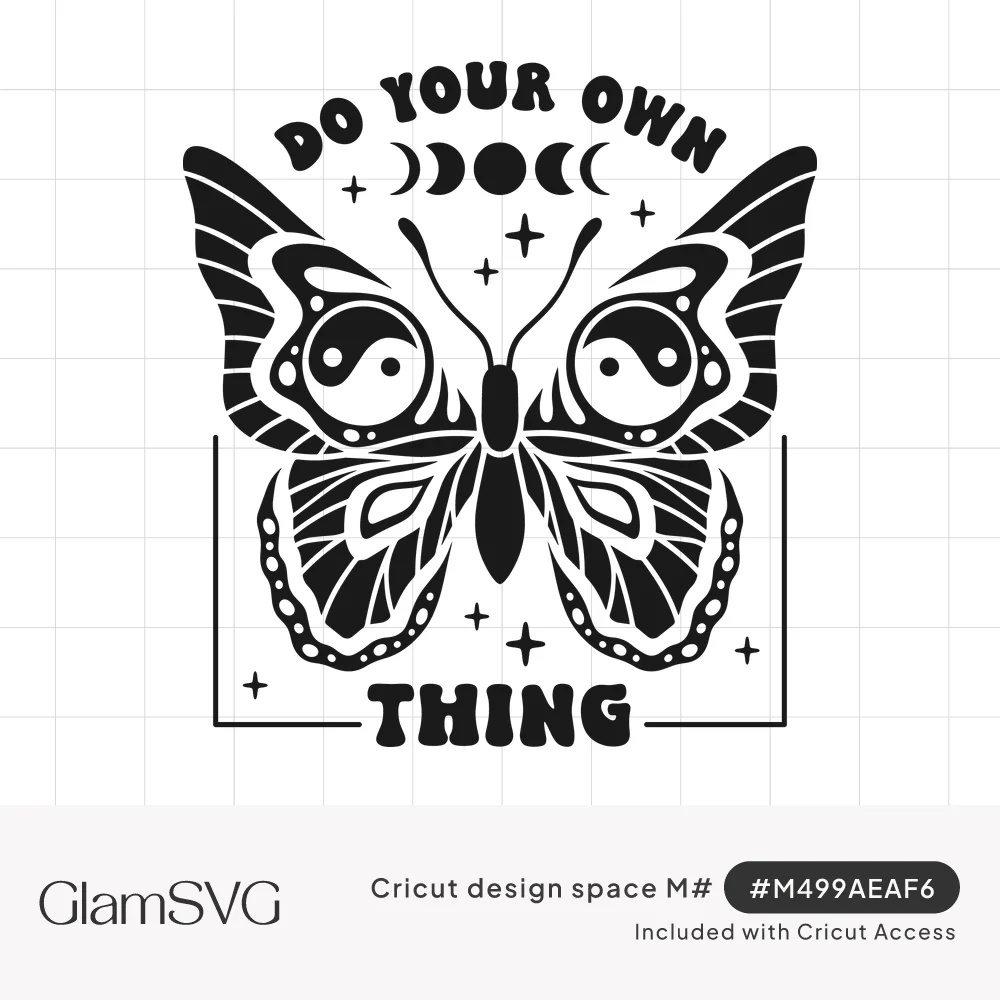 Black butterfly with yin yang wing patterns, moon phases and stars, with Do Your Own Thing in groovy lettering