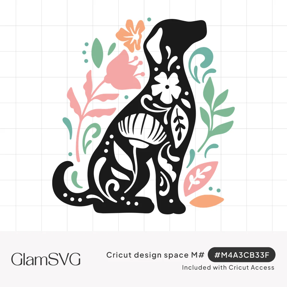 Black seated dog silhouette with floral cutouts, surrounded by pink, peach and green flowers and leaves