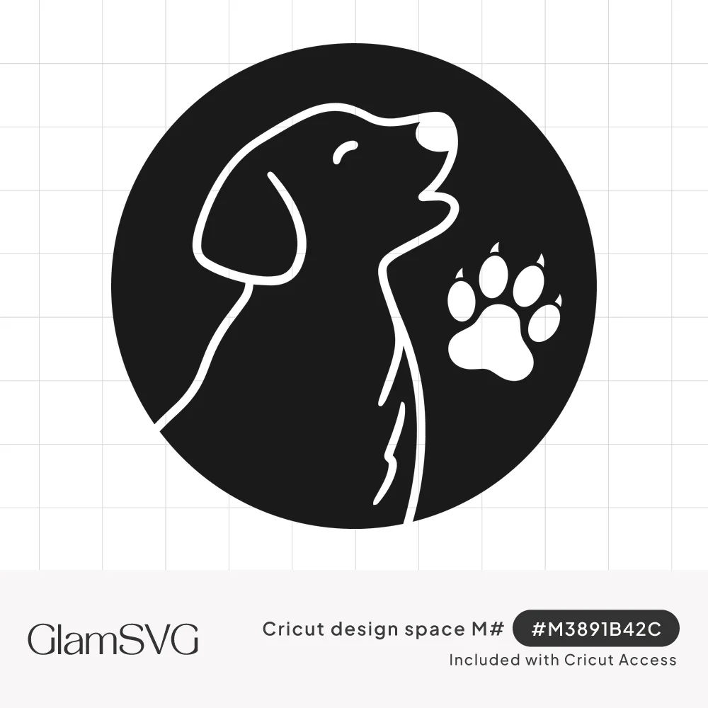 White line drawing of a floppy-eared puppy howling upward inside a black circle, with a white paw print beside it