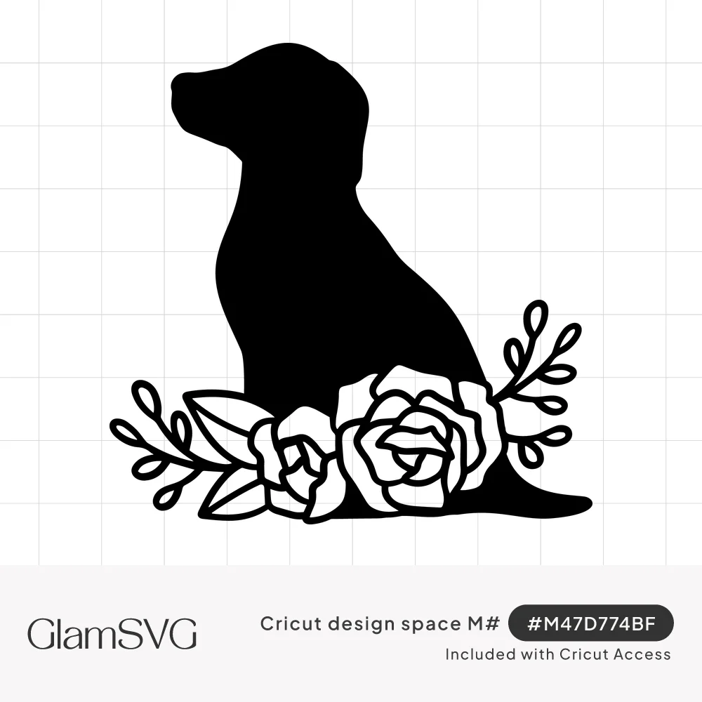 Black silhouette of a sitting dog looking up, with outlined roses, leaves and sprigs at its feet
