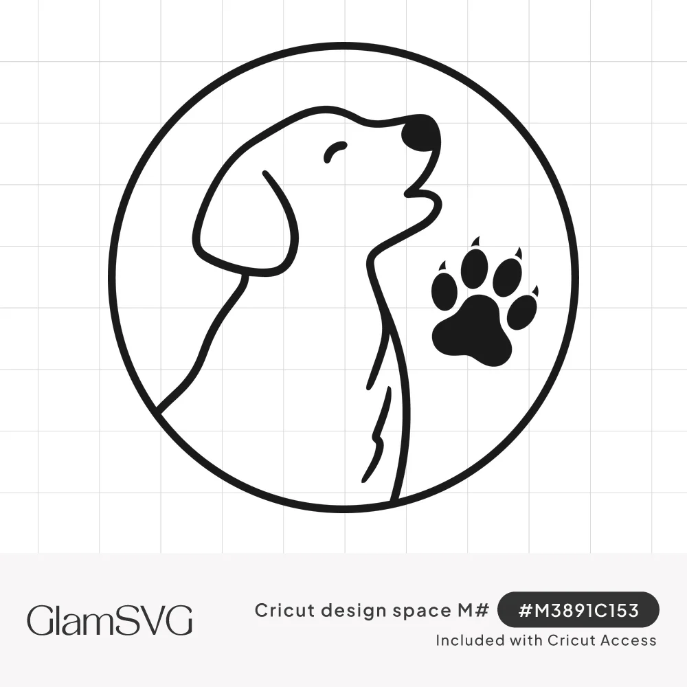 Line drawing of a happy floppy-eared dog with nose raised and eyes closed beside a black paw print inside a circle