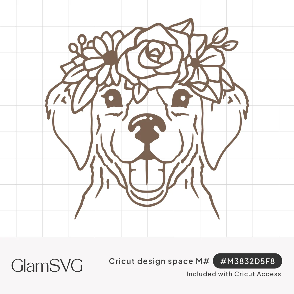 Line art of a smiling dog face with floppy ears wearing a flower crown of roses, daisies and leaves