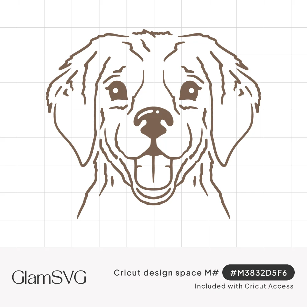 Brown line art drawing of a smiling golden retriever face with floppy ears and tongue out