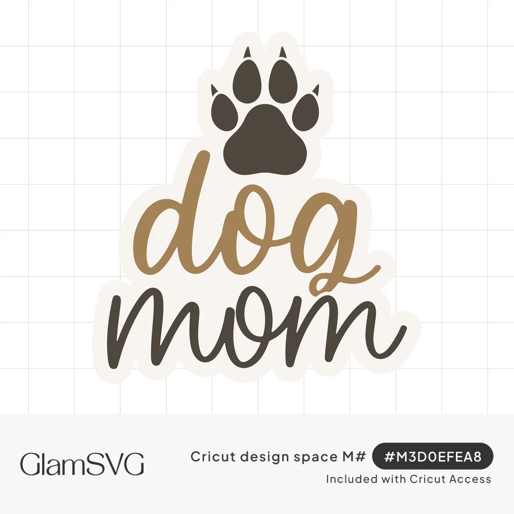 Brown paw print with claws above the words dog mom in tan and charcoal script lettering with a cream outline